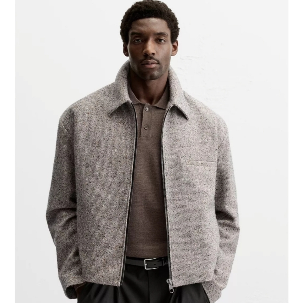 New Zara Men's Textured Tweed Cropped Zip Up Front Grey Jacket L-XL NWT